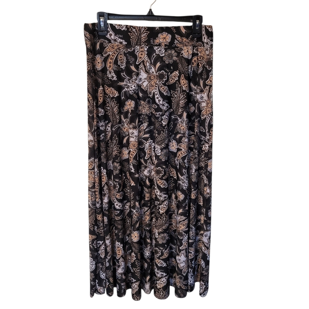 Emily Stacy Women's Skirt Sz 1X Maxi Runs Small Paisley Print Blk Tan White NWOT